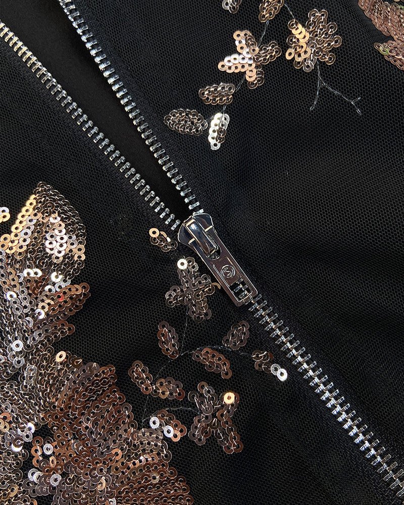 Floral Pattern Baseball Collar Long Sleeve Coat Contrast Sequin Zip Up Jacket