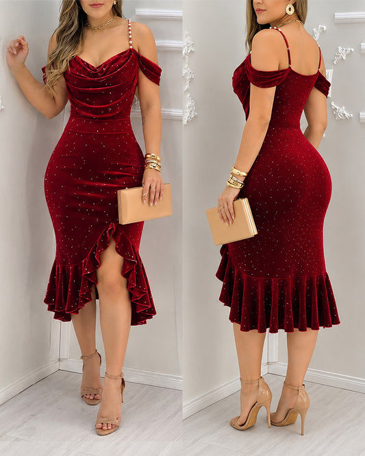 Women's Rhinestone Velvet Asymmetrical Dress Pearl Strap Cold Shoulder Ruffle Mermaid Evening Gown