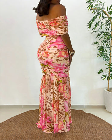 Women's Foldover Off Shoulder Mermaid Dress Ruched Bodycon Leopard Floral Maxi Dress Sexy Tropical Vacation Dress