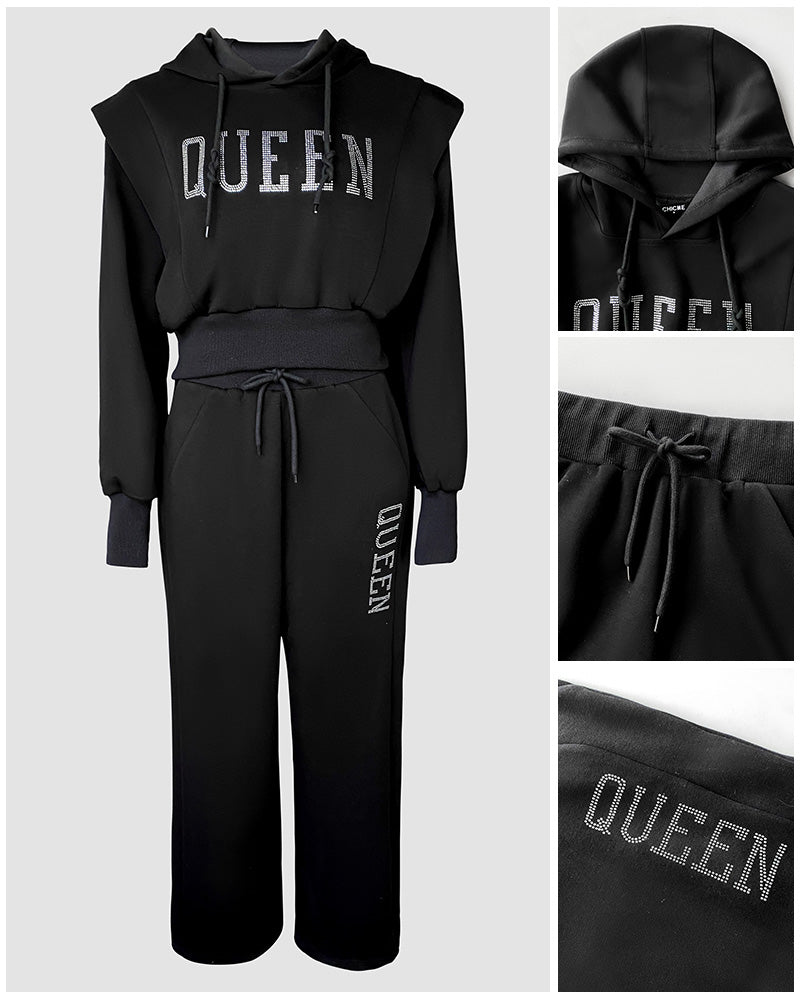 2 Pieces Outfit 3D Design Crop Drawstring Hoodie Top and Drawstring Elastic Waist Wide Leg Sweatpants Set Casual Rhinestone Letter Pattern Sweatshirt Set