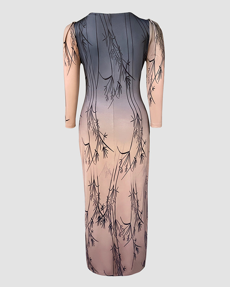 Ombre & Plants Print V-Neck Three Quarters Sleeve Side Slit Vacation Dress