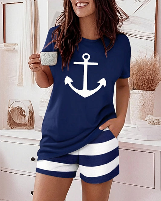 2 Pieces Outfit Anchor Print Round Neck Short Sleeve Top and Striped Elastic Waist Shorts Set Casual Pajamas Set