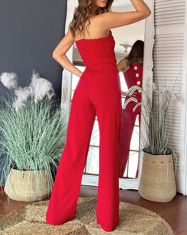 Asymmetrical Bandeau Strapless Jumpsuit Metal Button Decor Casual Overalls