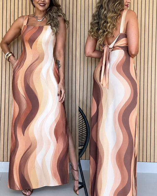 Women's Abstract Print Maxi Dress Elegant Square Neck Backless Tie Vacation Dress Side Slit Beach Sundress with Pockets