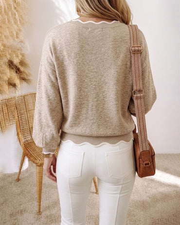 Women's Contrast Scallop Trim Knit Top V Neck Lantern Sleeve Loose Fit Casual Pullover Sweater