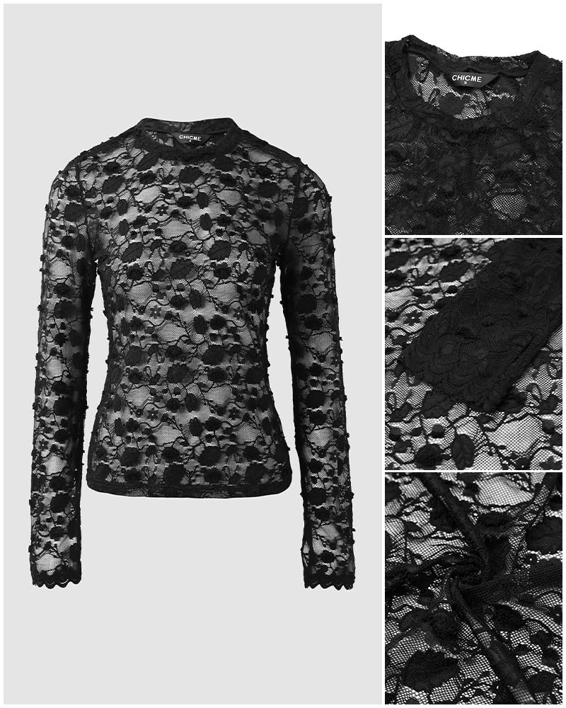 Women's Floral Lace Sheer Top Long Sleeve Crewneck Slim Fit Tee with Thumb Holes