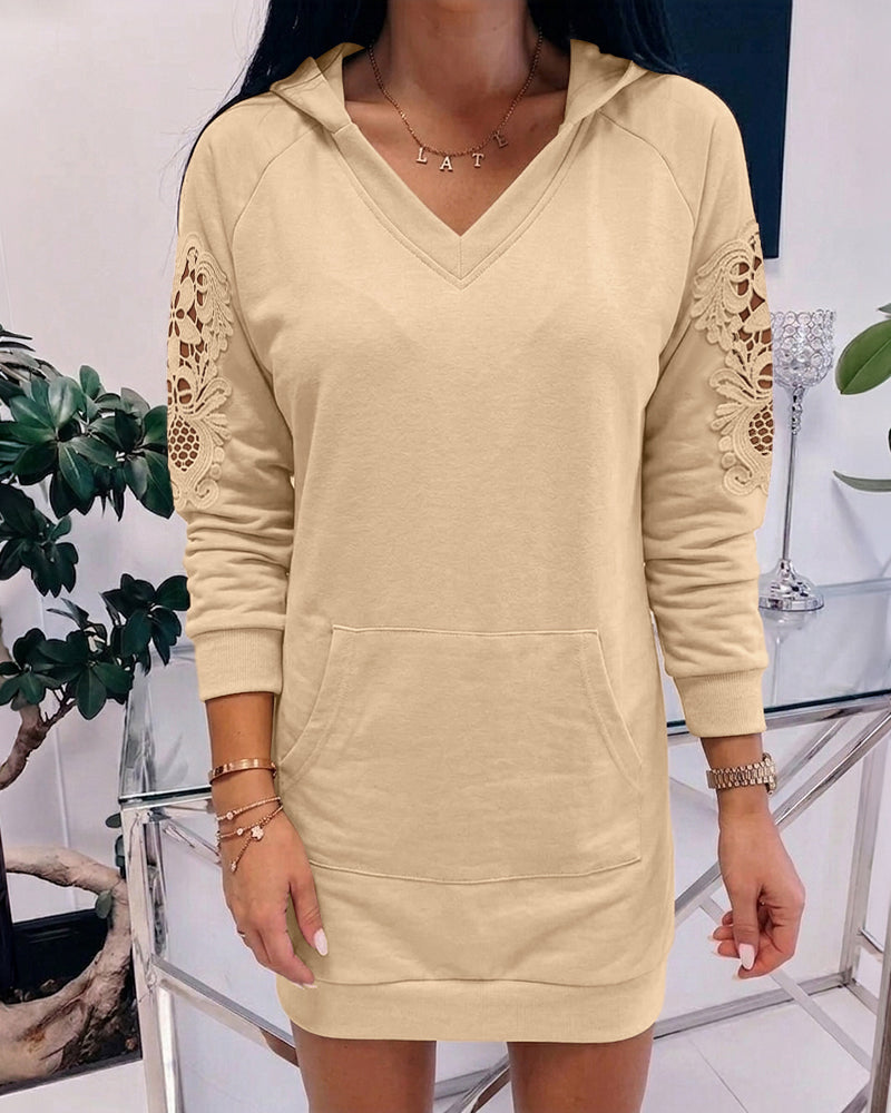 Women's Hooded Sweatshirt Dress V Neck Long Sleeve Guipure Lace Spliced Pullover Hoodie Dress with Pocket