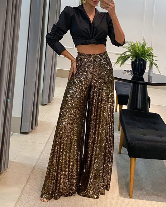 High Waist Allover Sequin Wide Leg Flared Nightout Party Pants