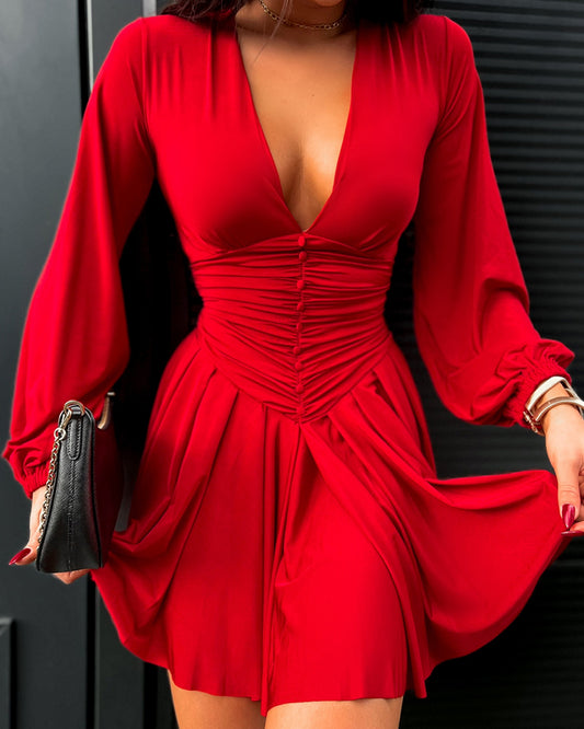 Deep V Neck Lantern Sleeve Ruched Pleated A Line Flowy Dress Single Breasted Decor Cinched Waist Party Dress