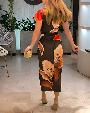 Floral Placement Print Deep V-Neck Front Slit Dress Ruched Slim Fit Vacation Dress