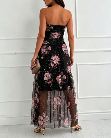 Women's Floral Strapless Mesh Dress Rhinestone Ruffle Hem Vacation Dress Cocktail Party Dress with Detachable Clear Straps