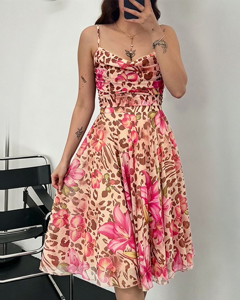 Women's Leopard Floral Mesh Midi Dress Sexy Cowl Neck Cami Dress High Waisted Ruched Backless A Line Sundress