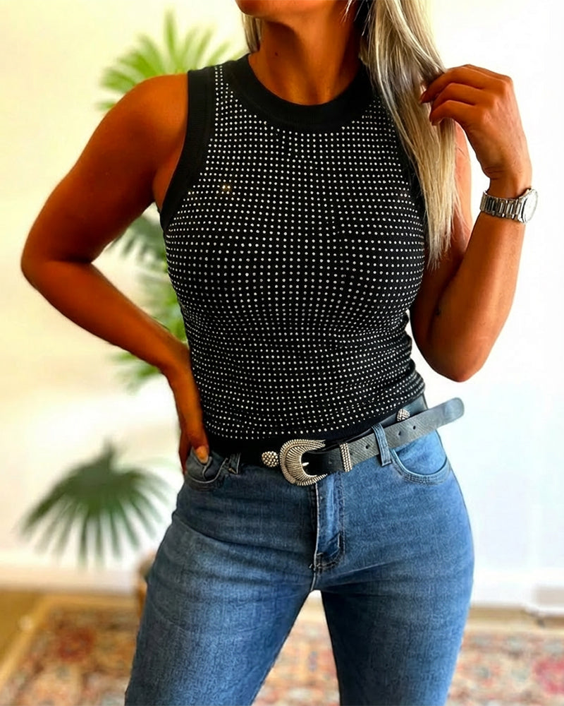 Rhinestone Decor O-neck Sleeveless Knit Tee Slim Fit Tank Top