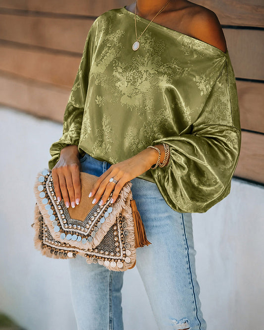 Women's Satin Jacquard Skew Neck Top Loose Vintage Lantern Sleeve Blouse