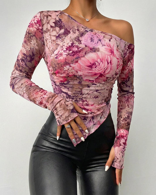 Floral Print Skew Neck Long Sleeve Asymmetrical Hem Tee Slim Fit Side Ruched Sheer Mesh Top with Thumb Hole Cuffs & Lining
