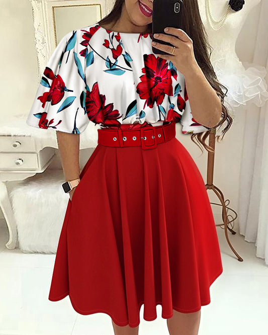 2 Pieces Outfit Floral Print Bell Sleeve Hollow-out Back Shirred Back Hem Top and Casual A-line Skirt Set with Belt