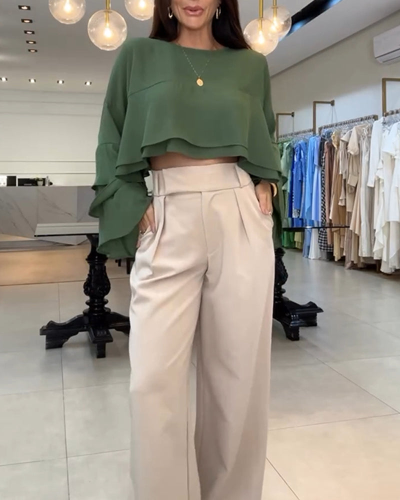 Round Neck Bell Sleeve Crop Top Casual Loose Fit Layered Blouse