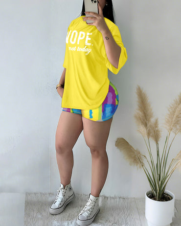 Women's 2 Piece Set Nope Not Today Slogan Half Sleeve Tee and Tie Dye Slim Fit Biker Shorts Set