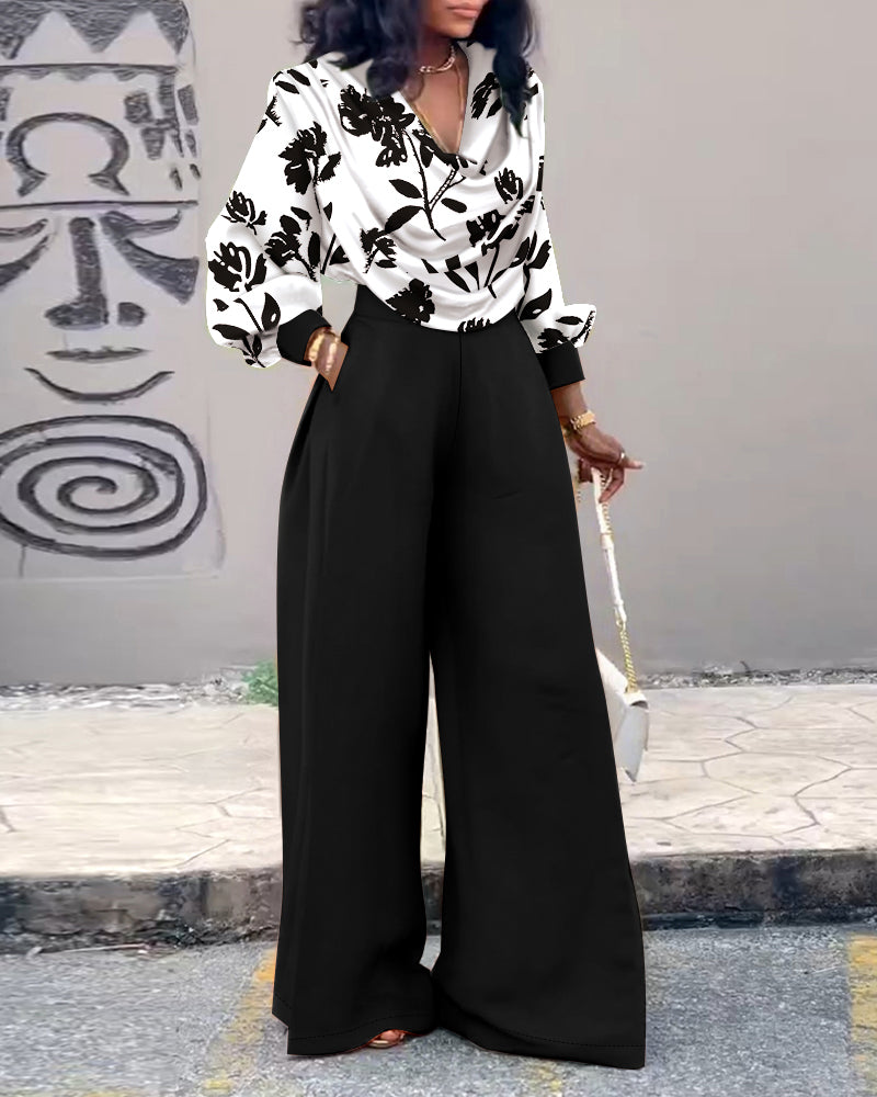 2 Pieces Outfit Floral Print Cowl Neck Lantern Sleeve Stretchy Hem Crop Top and Casual Elastic Back Waist Wide Leg Pants Set