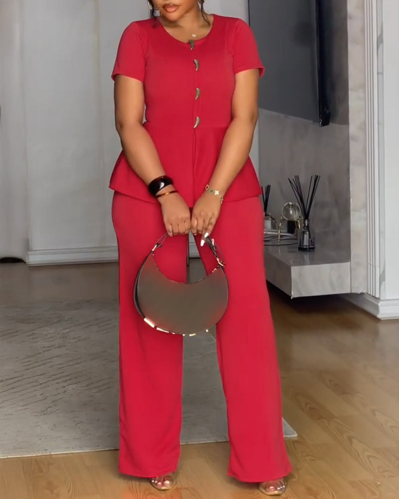 Toggle Button Decor Round Neck Peplum Waist Overalls Casual Zipper Back Wide Leg Jumpsuit