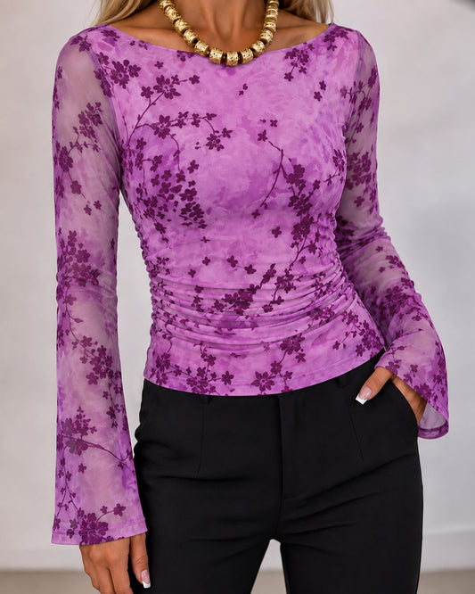 Women's Flocked Floral Boat Neck Sheer Mesh Flare Sleeve Ruched Slim Fit Top