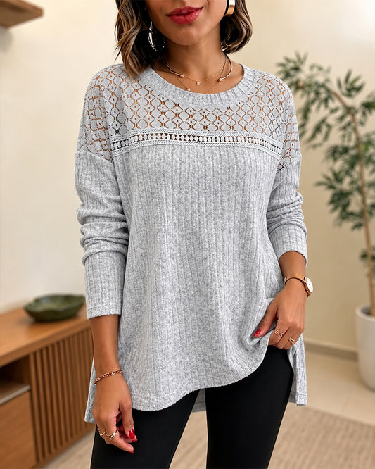 Women's Lace Patchwork Ribbed Knit Top Loose Fit Drop Shoulder Crewneck Side Slit Pullover