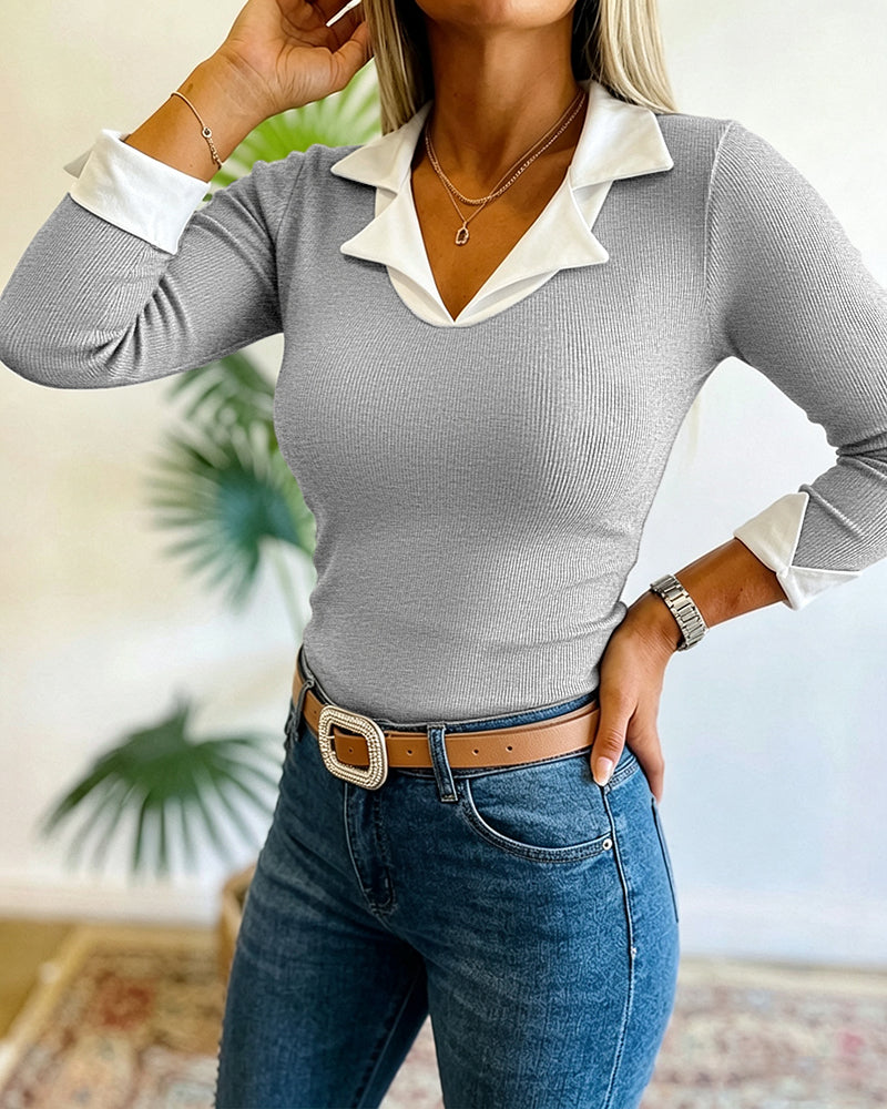Women's Contrast Lapel Collar Faux Two-Piece Knit Top Long Sleeve Slim Fit Top