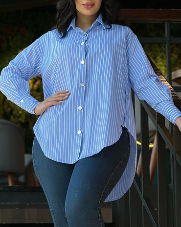 Striped Turn-down Collar Long Sleeve Blouse Casual Button Down T Shirts Top