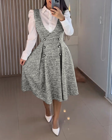 V-Neck Sleeveless Double Breasted Decor A Line Party Dress Causal Ziper Back Peplum Hem Commuting Dress