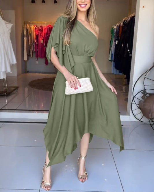One Shoulder Asymmetrical Sleeve Bow Tie Party Dress Casual Zipper Side Cinched Waist Asymmetrical Hem Maxi Dress With Belt