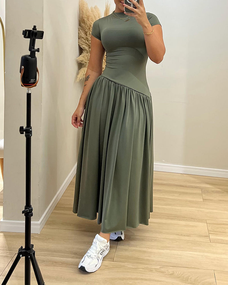 Women's Short Sleeve Crewneck Asymmetric Waist Maxi Dress Ruched A-Line Dress