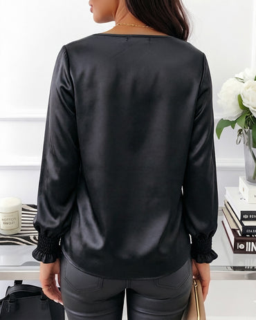 Women's Satin V Neck Shirt Elegant Eyelash Lace Trim Blouse Long Lantern Sleeve Top Shirred Cuff Pullover Blouse