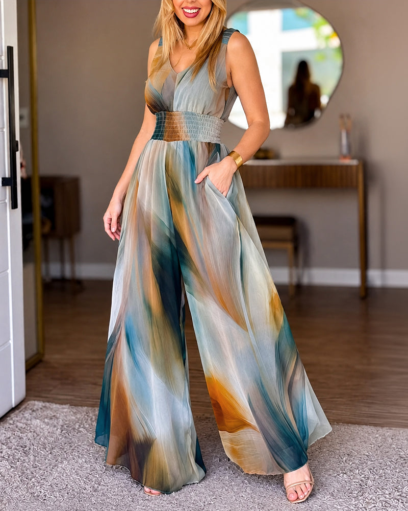Women's Vintage Tie Dye Print Mesh V-Neck Shirred Waist Wide-Leg Jumpsuit with Lining