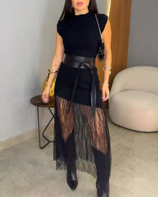 Women's Knit Lace Hem Maxi Dress Elegant Mock Neck Cap Sleeve Party Dress