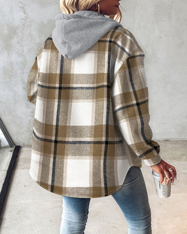 Plaid Print Button Front Pocket Design Drawstring Hoodie Jacket Casual Asymmetrical Hem Thermal Lined Shirt Coat