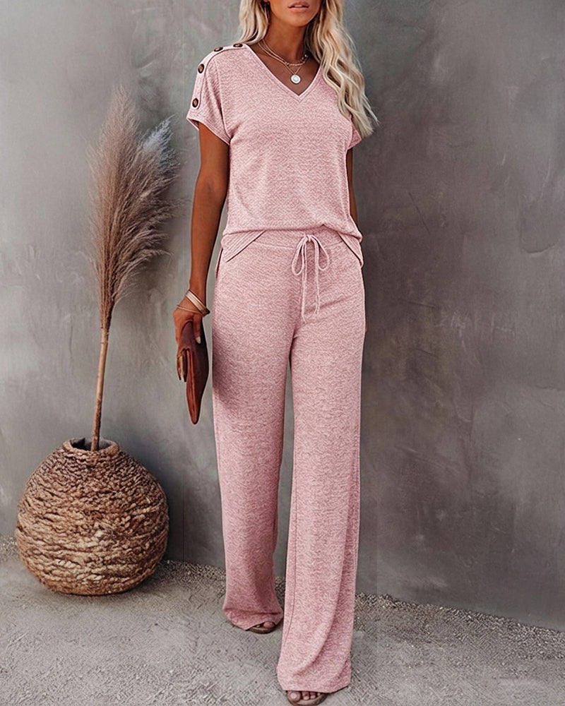Women's 2-Piece Lounge Set V-Neck Button Decor Top and Wide-Leg Pants with Pockets Relaxed Casual Outfits