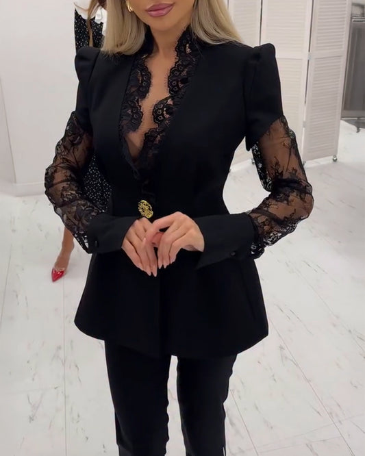 Eyelash Lace Trim Deep V-Neck Puff Sleeve Single Breasted Coat Lace Spliced Waist A-Line Blazer Coat