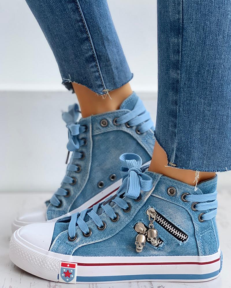 Lace-Up Skeleton Zipper Detail Casual Sneakers