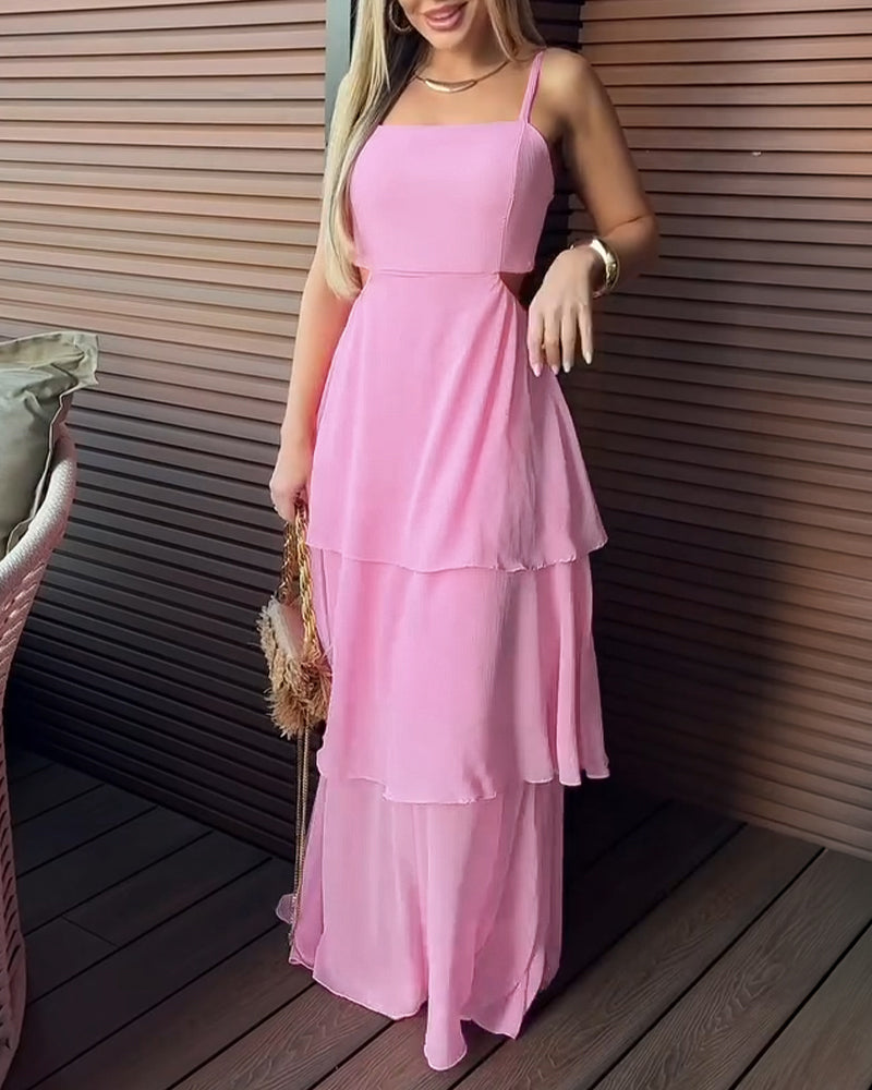 Square Neck Adjustable Spaghetti Straps Cutout Waist Ruffle Hem Dress Casual Backless Tie Back Stretchy Back Chiffon Cami Dress