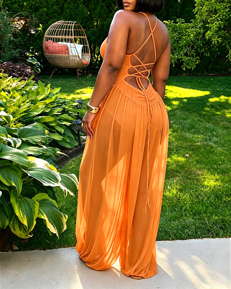 Women's V Neck Halter Backless Lace Up Lantern Jumpsuit Sexy Sheer Ruched Overalls