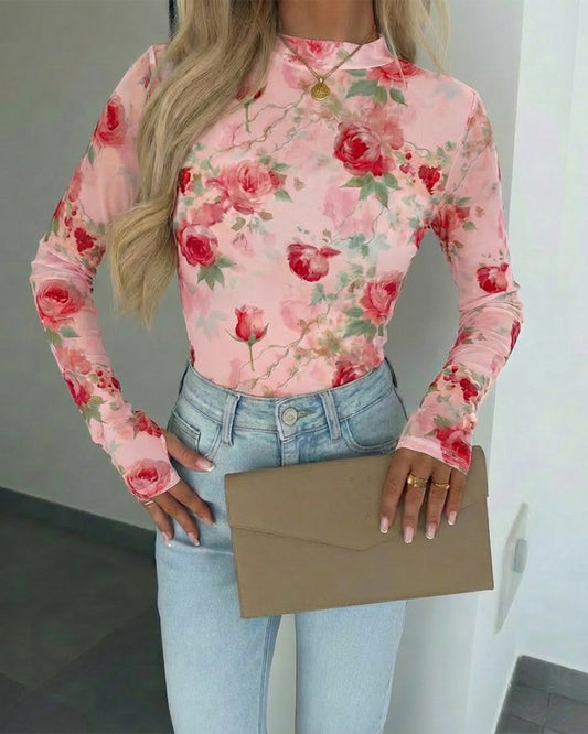Floral Print Mock Neck Long Sleeve Tee Slim Fit Sheer Mesh Layering Top with Thumb Hole Cuffs