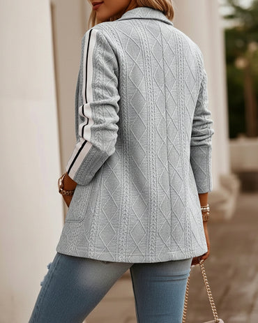 Women's Casual Knit Blazer Argyle Cable Jacquard Contrast Side Striped Coat Loose Fit Single Breasted Blazer