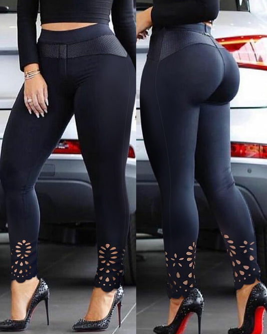 Floral Hollow Out Asymmetrical Hem Elastic Waist Skinny Pants