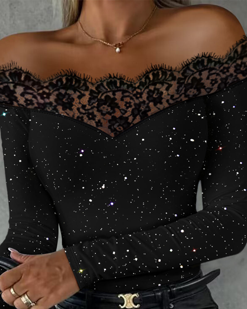 Glitter Off Shoulder Eyelash Lace Patch Top