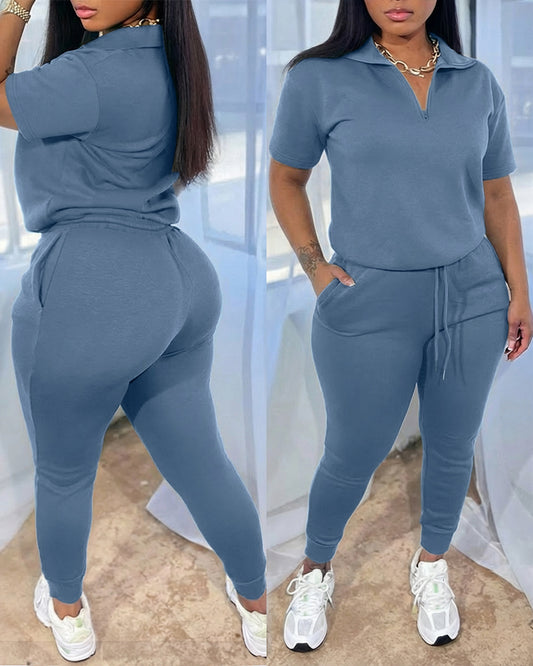 Women's 2-Piece Sporty Set Short Sleeve Half Zip Top and High Waisted Joggers Casual Lounge Outfit with Pockets