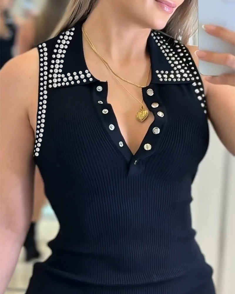 Studded Polo Collar Sleeveless Half Snap Button Front Bodycon Dress Elegant Knit Mini Dress
