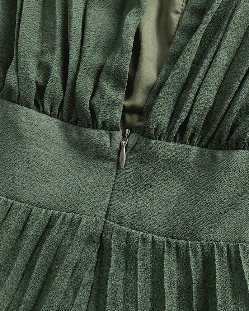 Deep V-Neck Batwing Sleeve High Waist Pleated Maxi Dress Casual Cinched Waist Backless Tied Detail Zipper Back Evening Dress