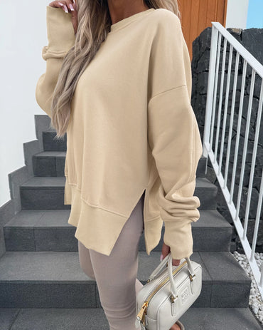 Women's Casual Crewneck Sweatshirt Loose Long Sleeve Side Slit Pullover Top with Thumb Holes