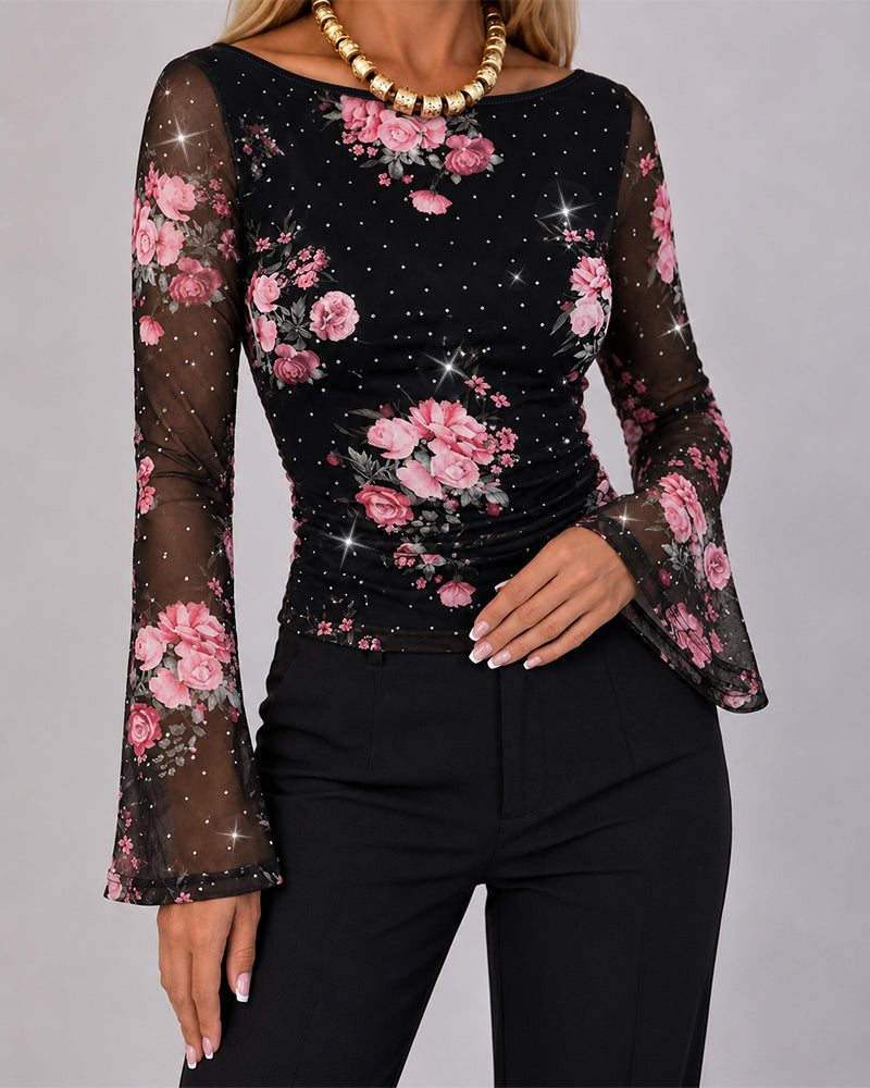 Women's Floral Rhinestone Sheer Mesh Boat Neck Ruched Flare Sleeve Top