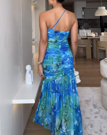 Colorblock Floral Print Adjustable Spaghetti Strap Ruched Maxi Dress Casual Zipper Back Slim Fit Fishtail Dress